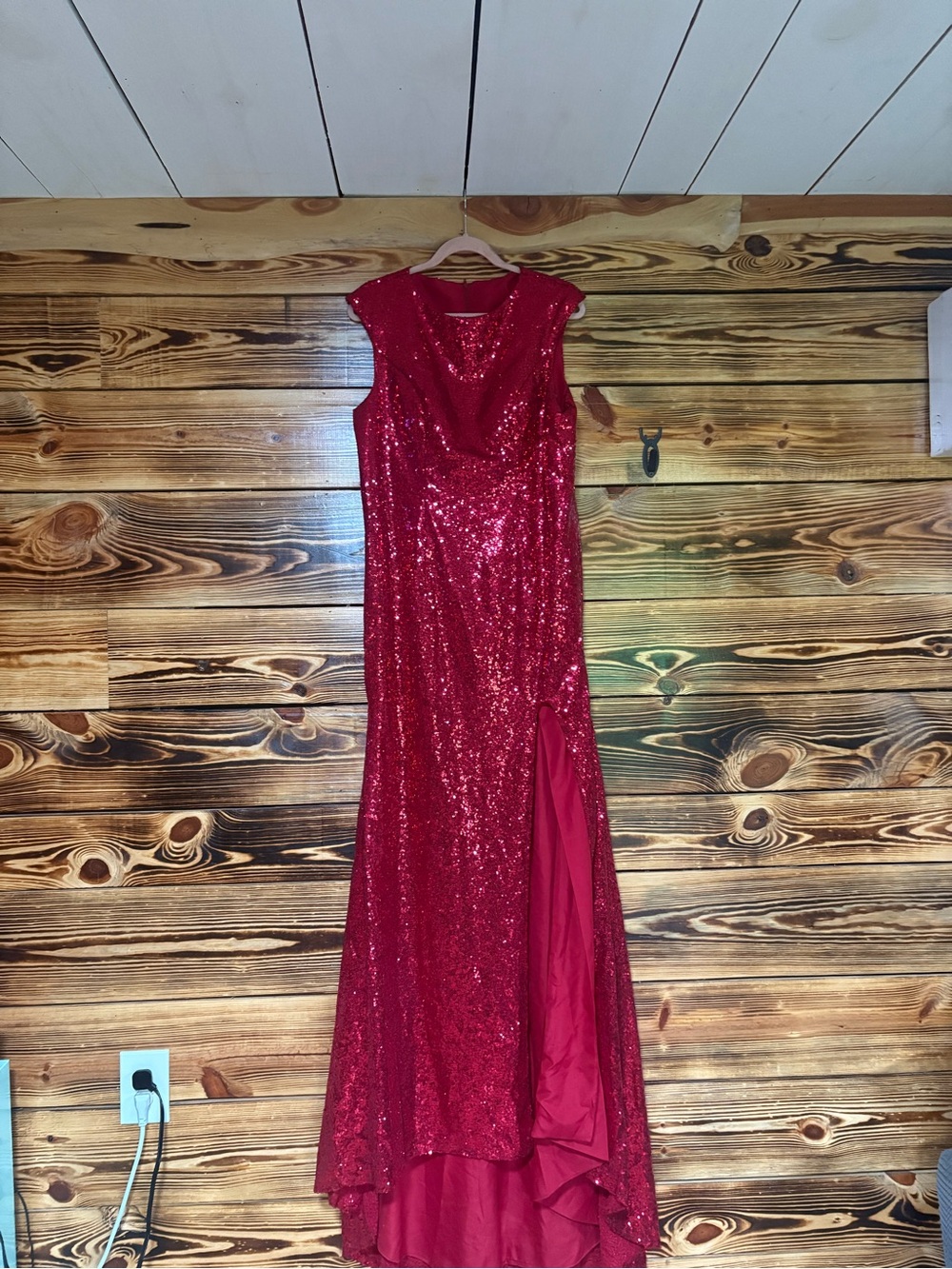 Red Sleeveless Sequin Floor-Length Evening Gown with High Leg Slit